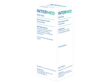 INTERMED hCG test strips, bulk-packed in the dispenser box, 1x25  